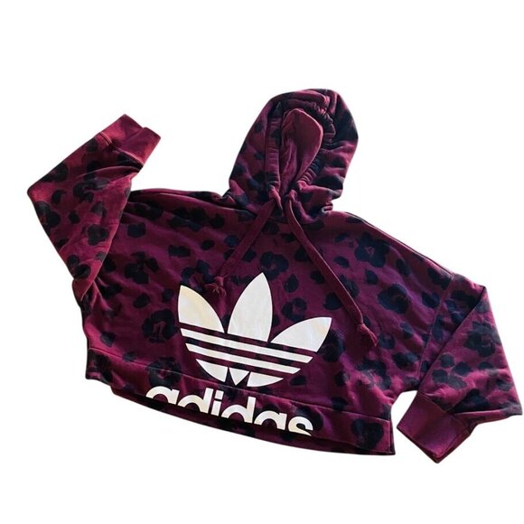 Adidas Originals Bellista Women's Cropped Burgundy Leopard Print Hoodie Small - Picture 9 of 10